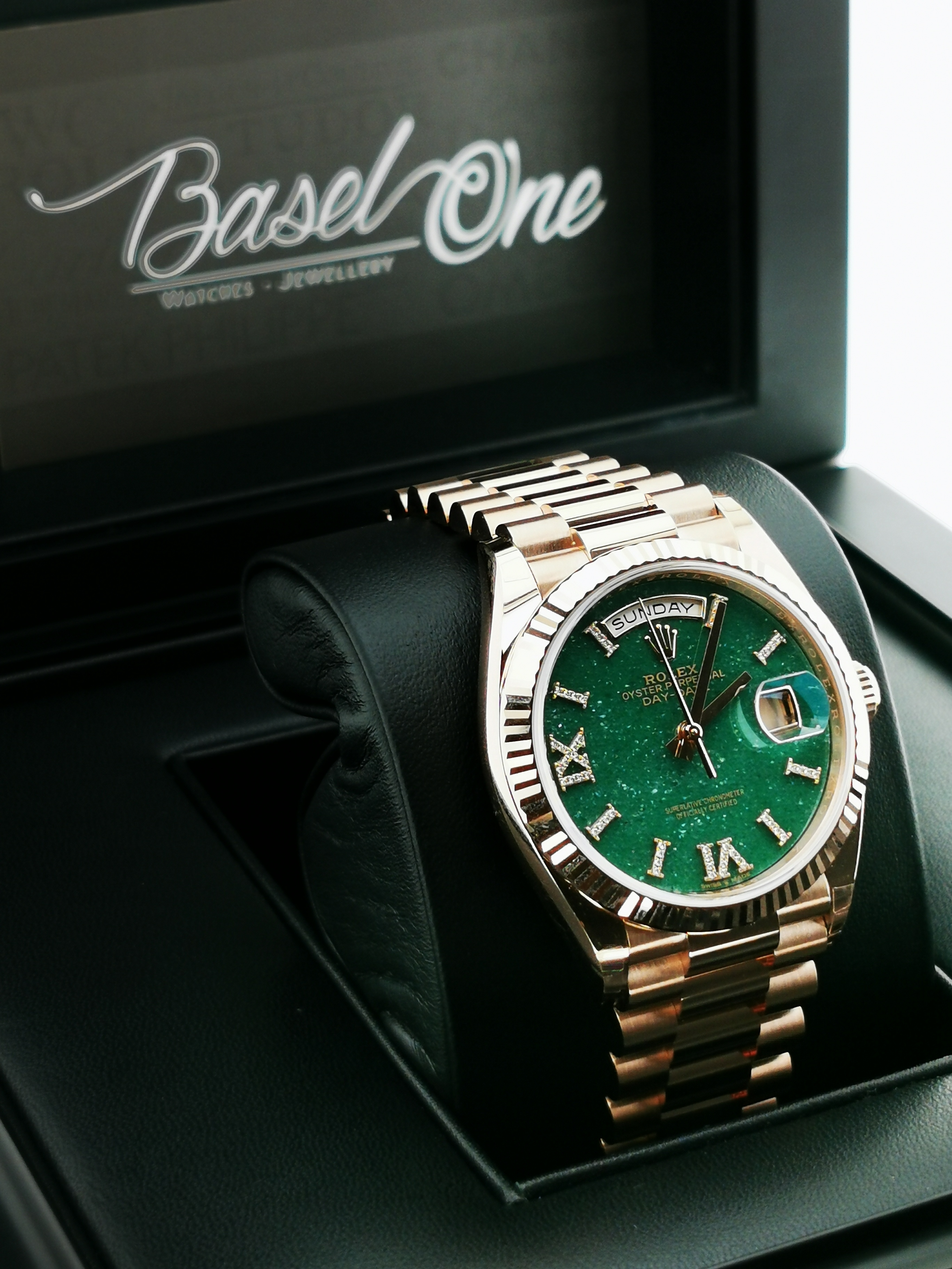 BRAND NEW ROLEX 128235 DIAMOND GREEN AVENTURINE DIAL DAY-DATE ROSE GOLD PRESIDENT 36 MM