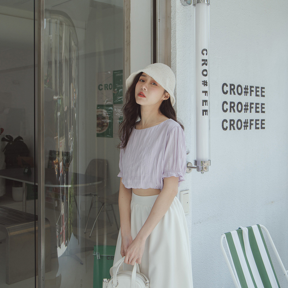 Simple round neck wrinkled short top three colors【01098091】in stock+pre-order
