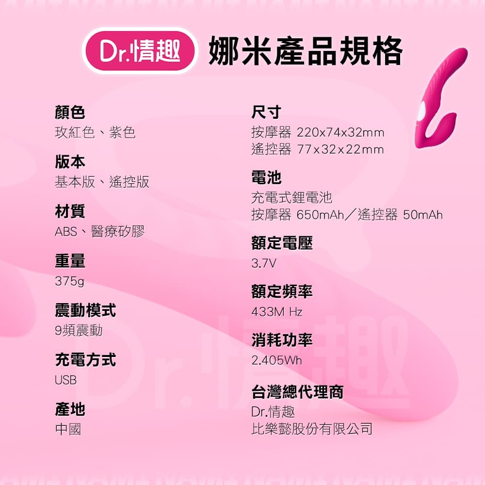 Dr.情趣nami娜米雙頭按摩棒，產品規格表