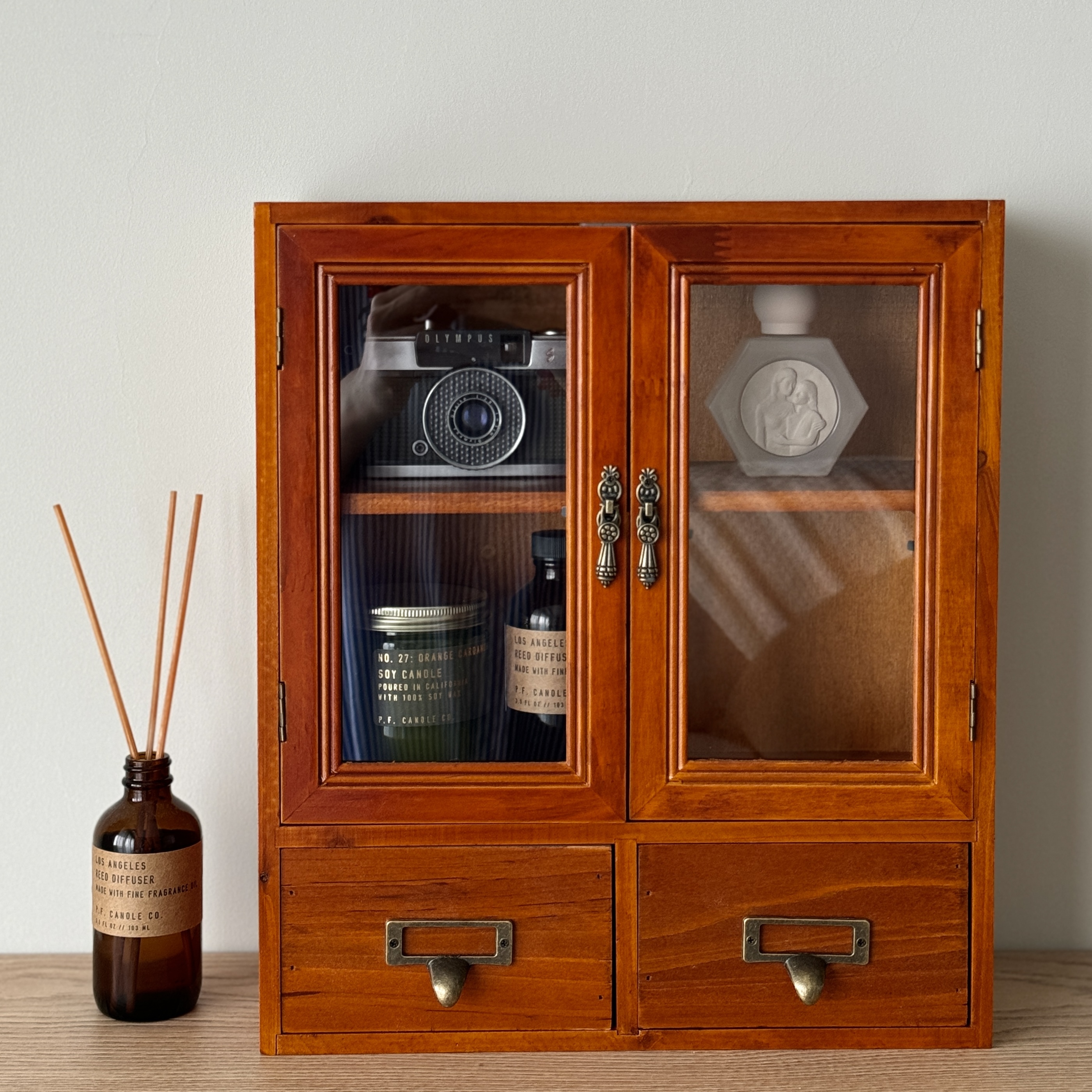 復古實木雙層抽屜置物櫃