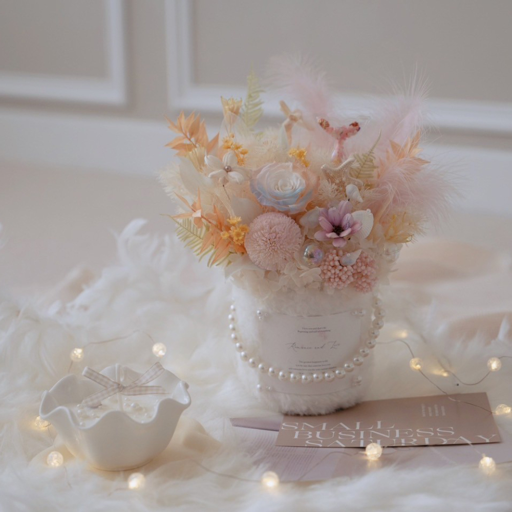 海洋珍珠毛毛永生盆花 人魚色玫瑰花＆貝殼波浪香氛蠟燭