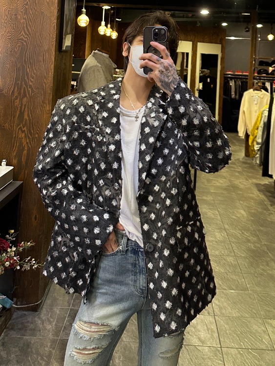 破洞蕾絲牛仔雙扣西裝外套