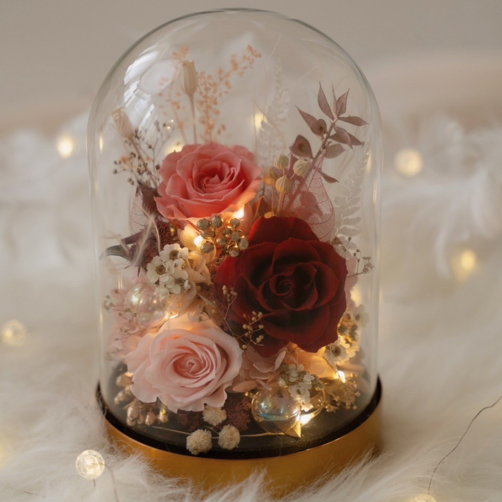 長型玻璃罩小夜燈 紅粉色系永生花