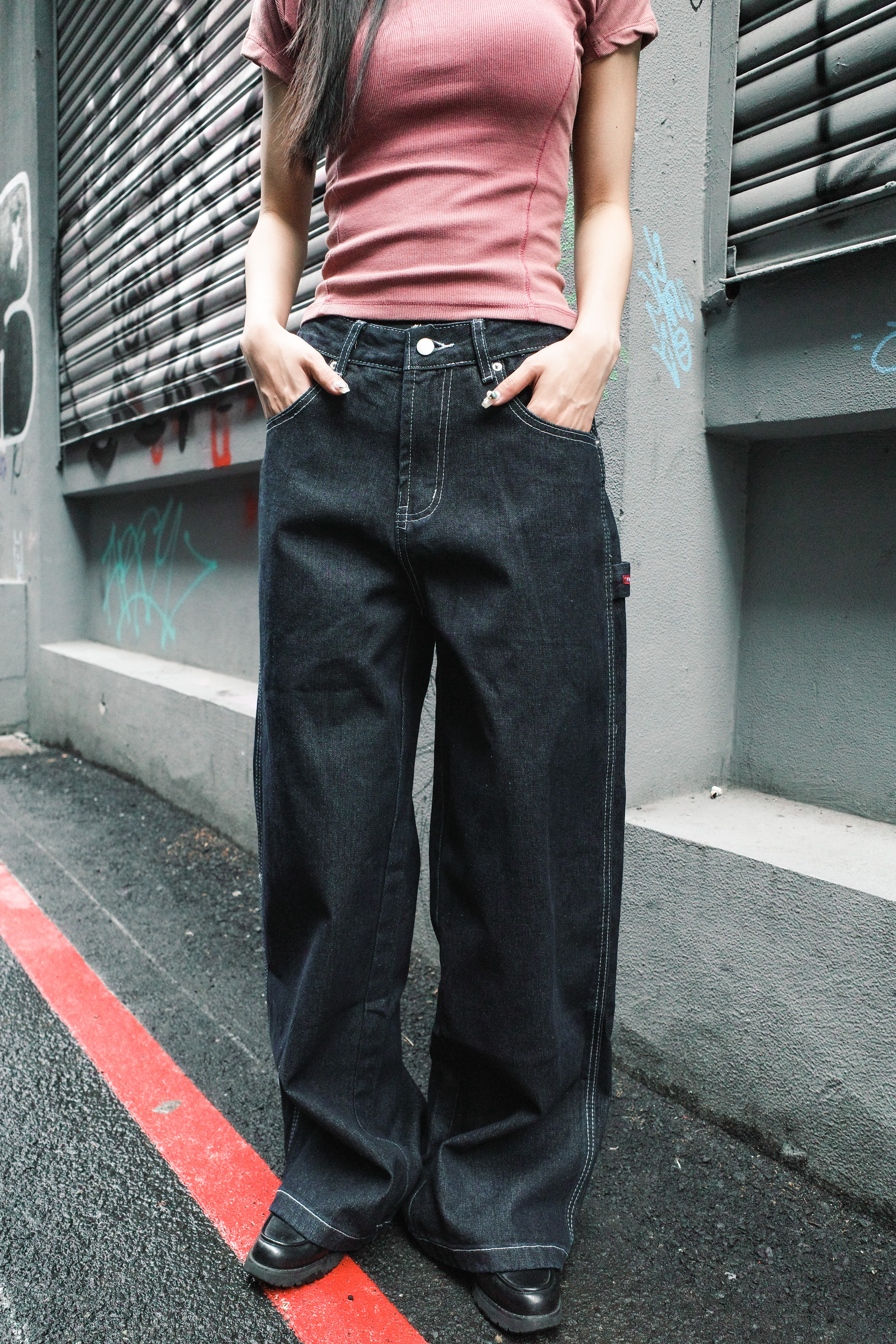 『Always_Good』刺繡 辣妹 寬鬆 牛仔長褲