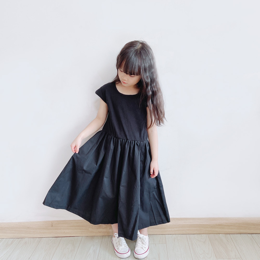 親子款 削肩袖素面拼接洋裝 黑色 90-150cm