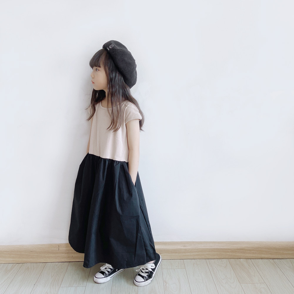 親子款 削肩袖素面拼接洋裝 黑色 90-150cm