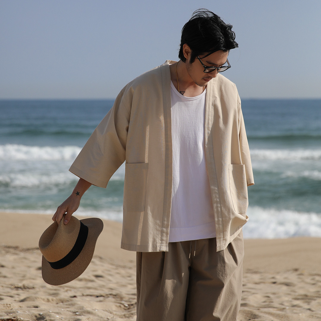 亞麻長袍口袋開衫