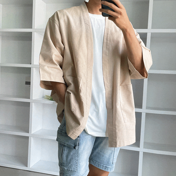 亞麻長袍口袋開衫