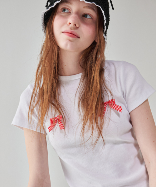 ★2024SS新作★RONRON★REAL GINGHAM RIBBON SLIM CROP T SHIRT Ronron Gingham Double Ribbon Slim Crop T Shirt Black Red