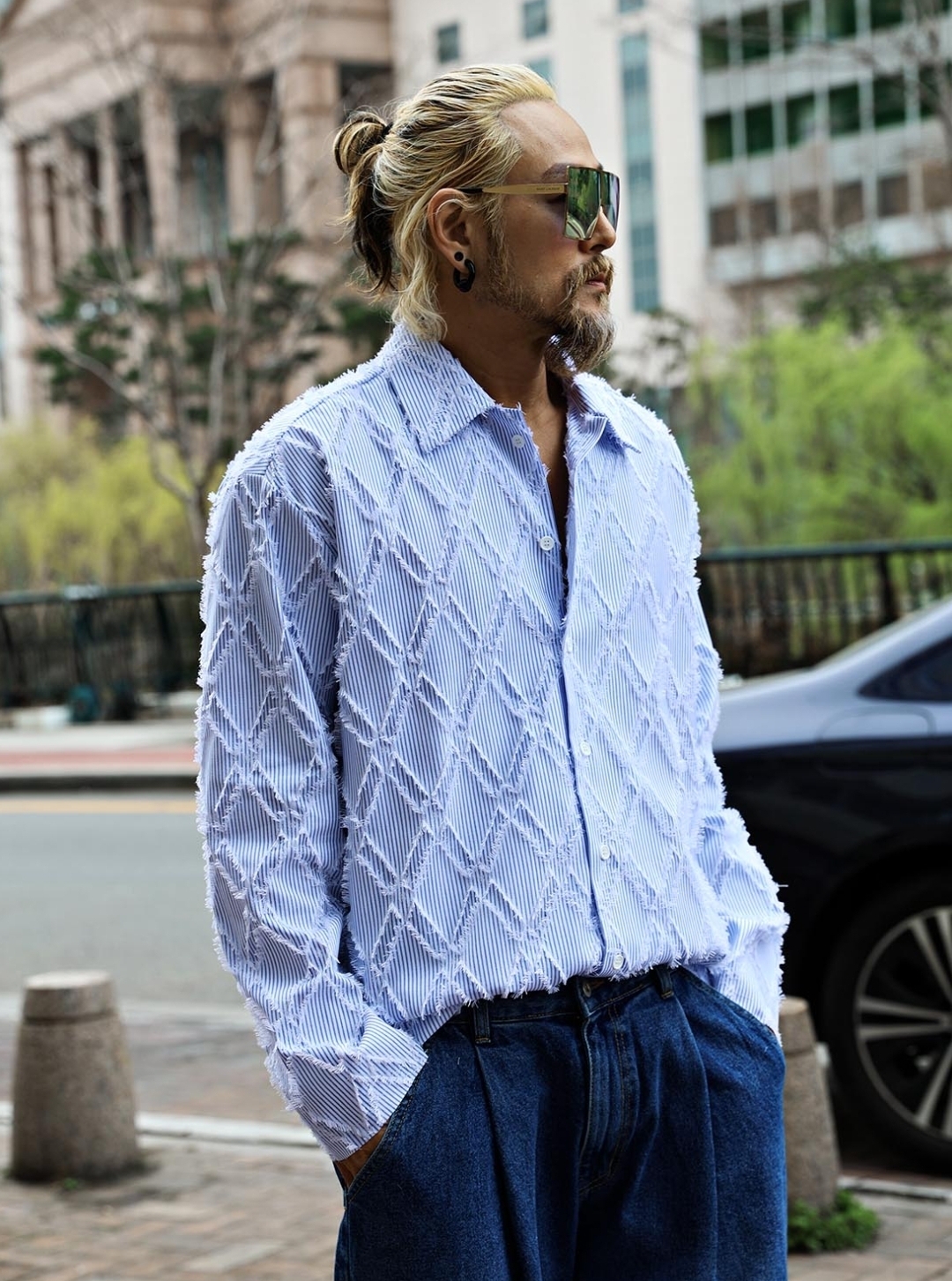 鑽石剪邊條紋長袖襯衫