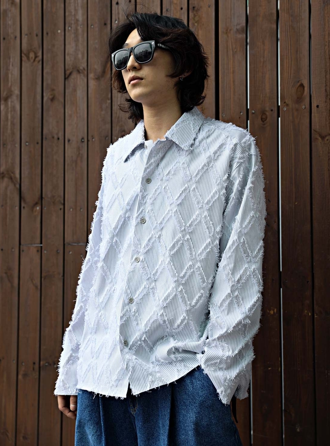 鑽石剪邊條紋長袖襯衫