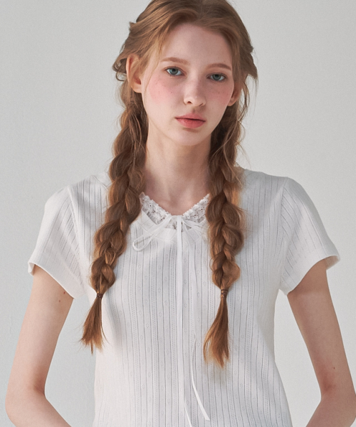 ★24SS★RONRON★STRING RIBBON LACE V NECK SLIM CROP T SHIRT RONRON STRING RIBBON LACE V NECK SLIM CROP T SHIRT