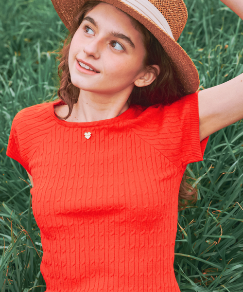 RONRON SQUARE NECK CABLE SHORT SLEEVE KNIT