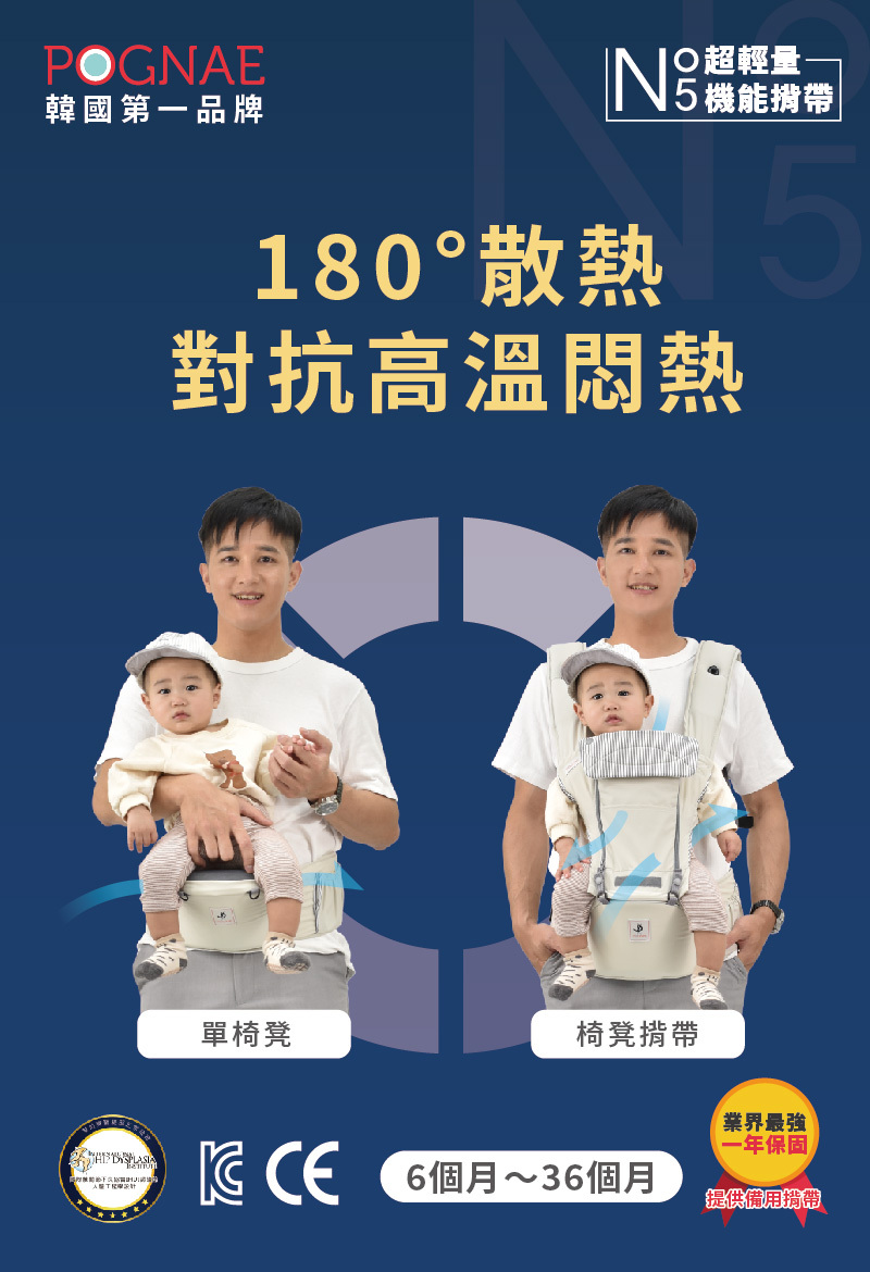 POGNAE no.5對抗高溫悶熱，一位爸爸使用使用單椅凳、椅凳揹帶背著戴帽子的小孩