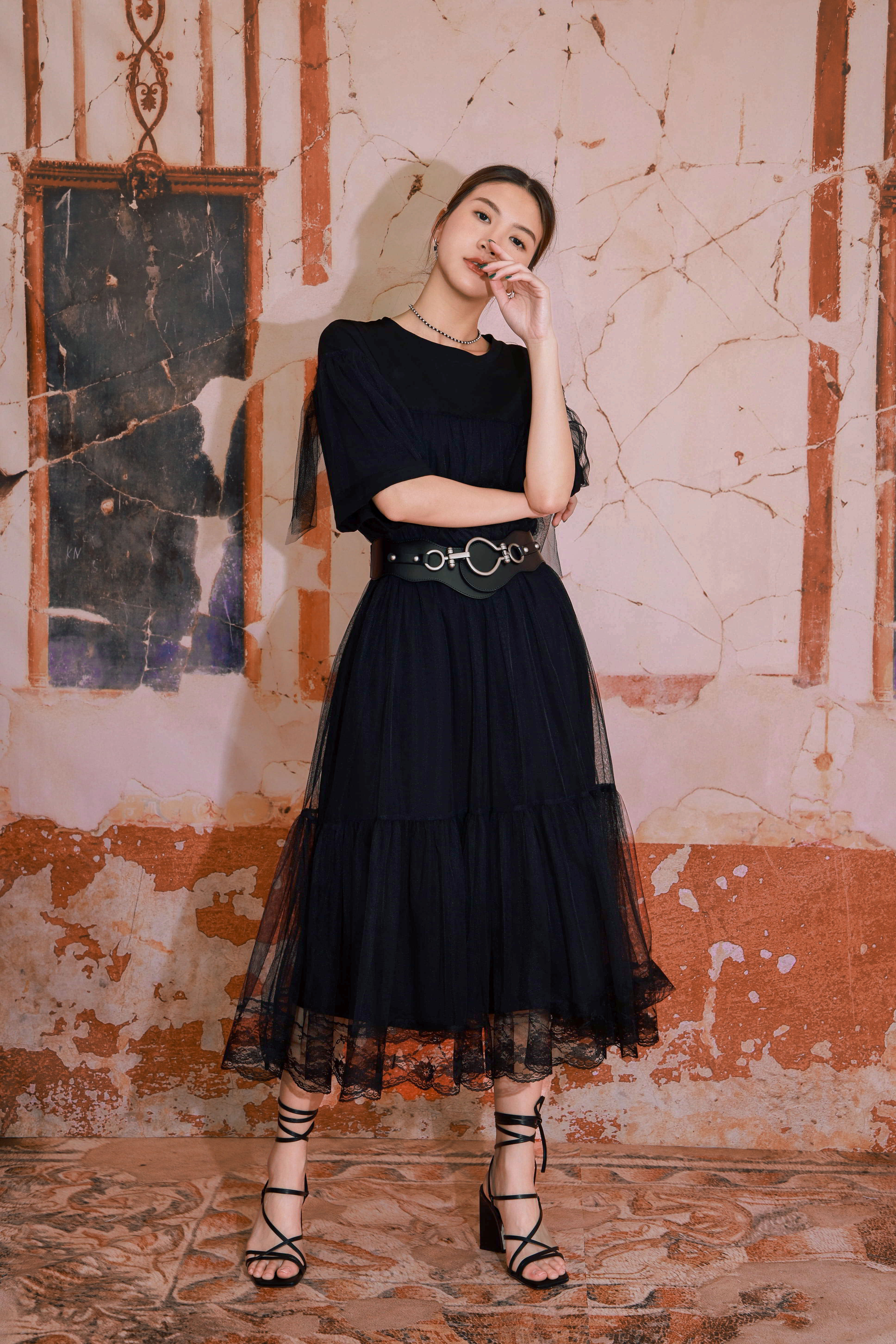 T恤底網紗面傘腳連身裙 (現貨款式）