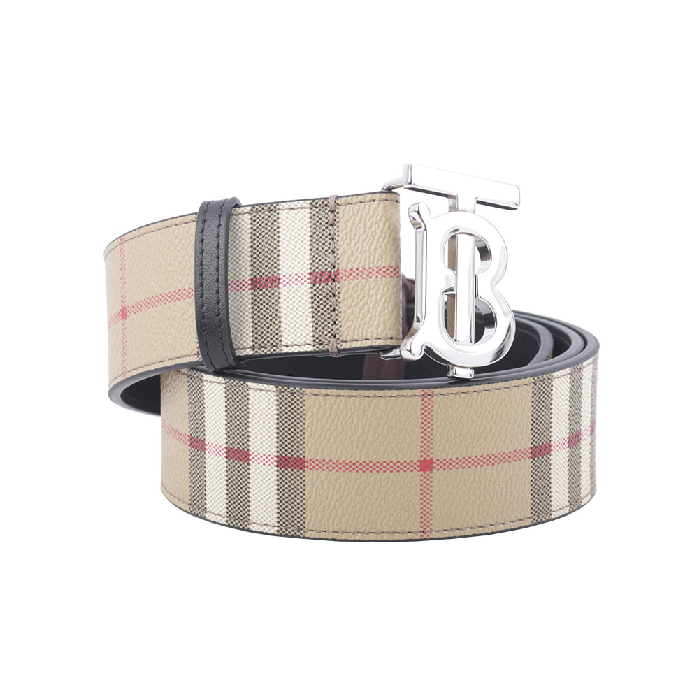 【BURBERRY】銀色TB Logo 帆布拼牛皮寬4cm/90cm皮帶