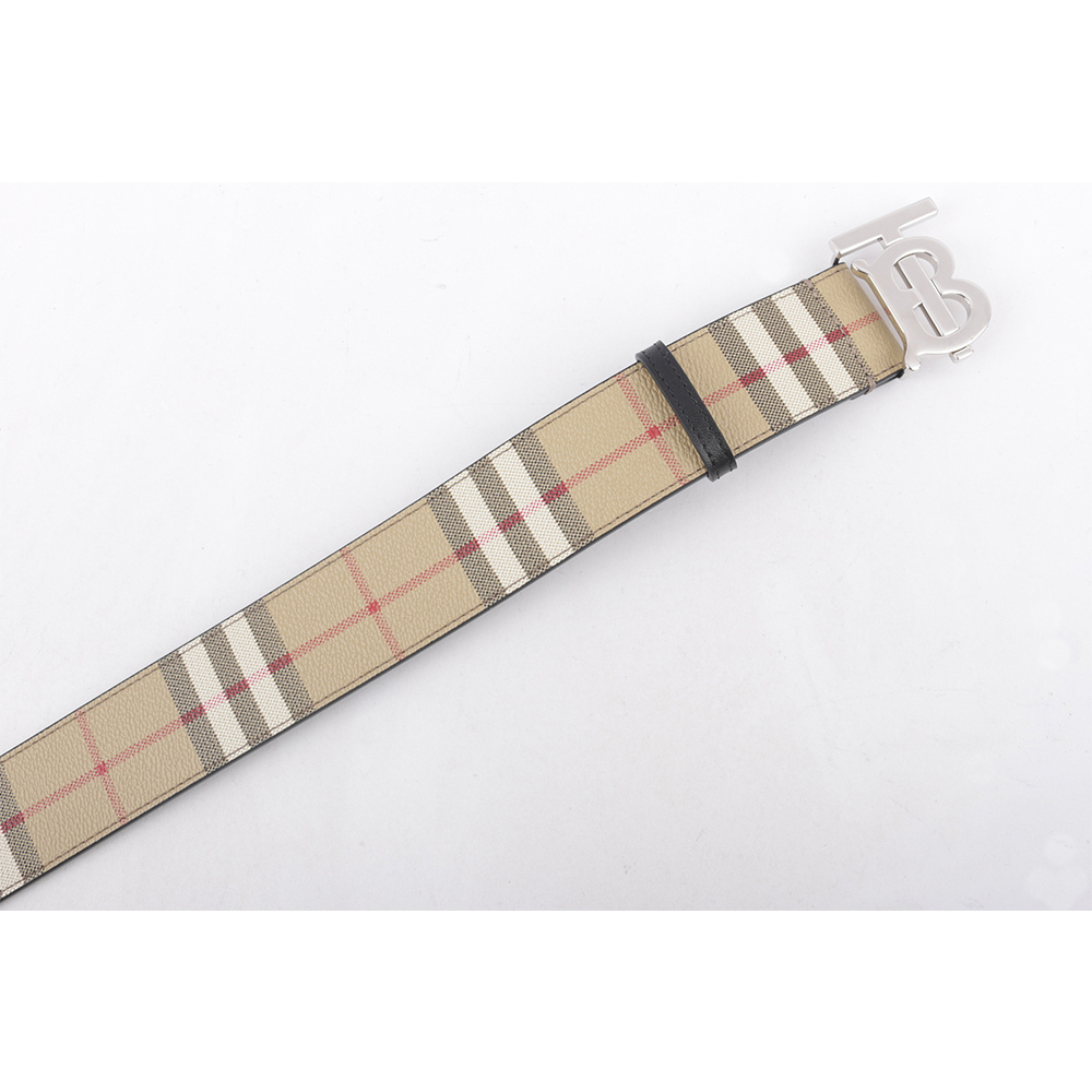 【BURBERRY】銀色TB Logo 帆布拼牛皮寬4cm / 90/95cm皮帶(米色) 80702941