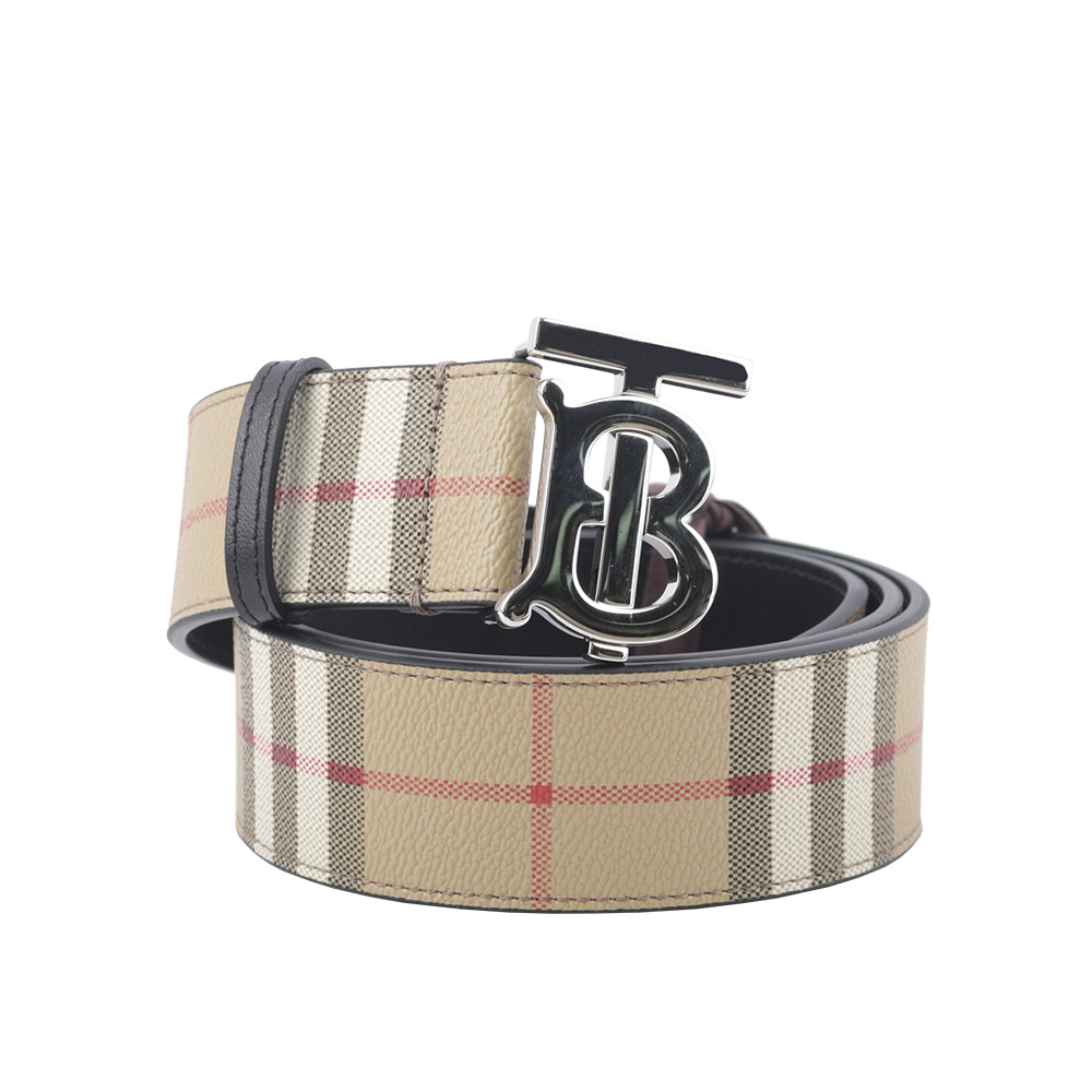 【BURBERRY】銀色TB Logo 帆布拼牛皮寬4cm / 90/95cm皮帶(米色) 80702941