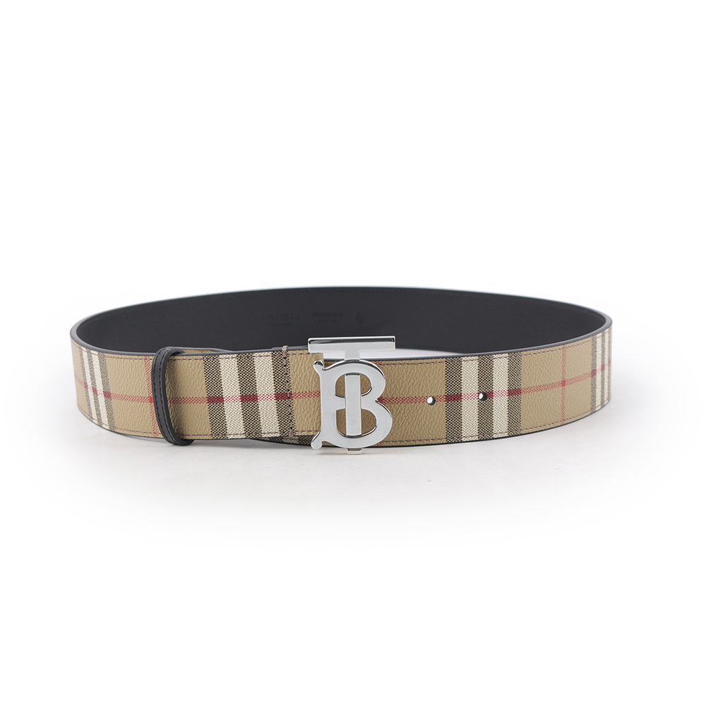 【BURBERRY】銀色TB Logo 帆布拼牛皮寬4cm / 90/95cm皮帶(米色) 80702941