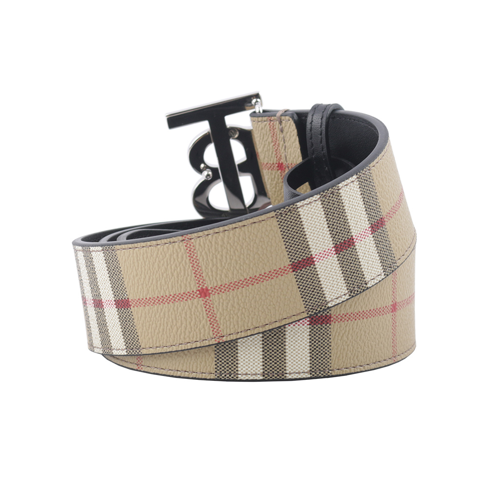 【BURBERRY】銀色TB Logo 帆布拼牛皮寬4cm / 90/95cm皮帶(米色) 80702941