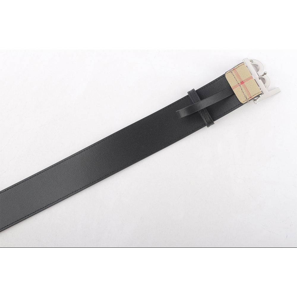 【BURBERRY】銀色TB Logo 帆布拼牛皮寬4cm / 90/95cm皮帶(米色) 80702941