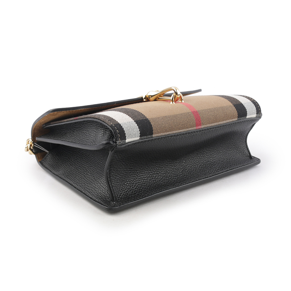 【BURBERRY】Macken House 格紋拼皮革小款斜背包(黑色) 80803211