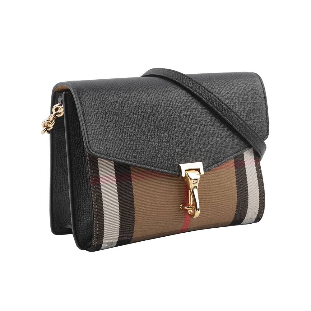 【BURBERRY】Macken House 格紋拼皮革小款斜背包(黑色) 80803211