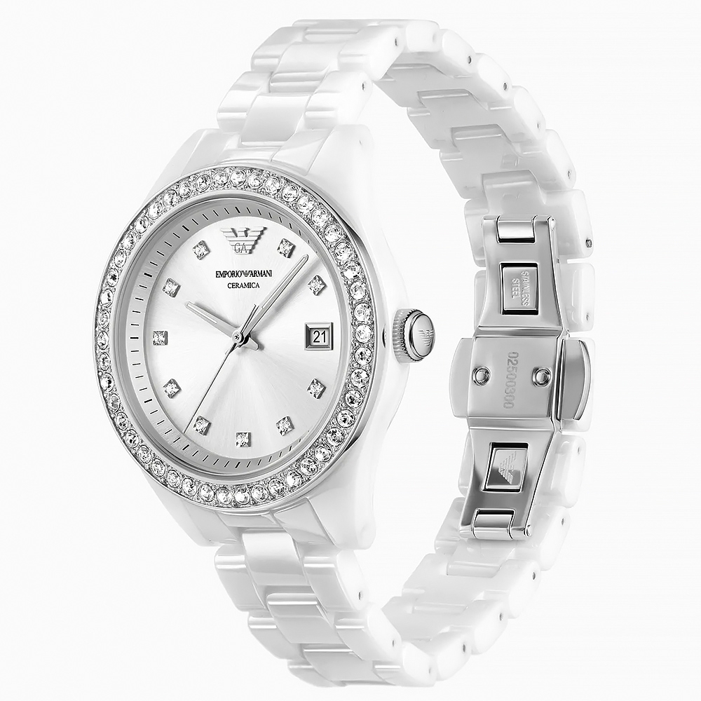 萬年鐘錶 - ARMANI   Cleo時髦冷冽白環鑽陶瓷女錶  AR70014 錶徑36MM