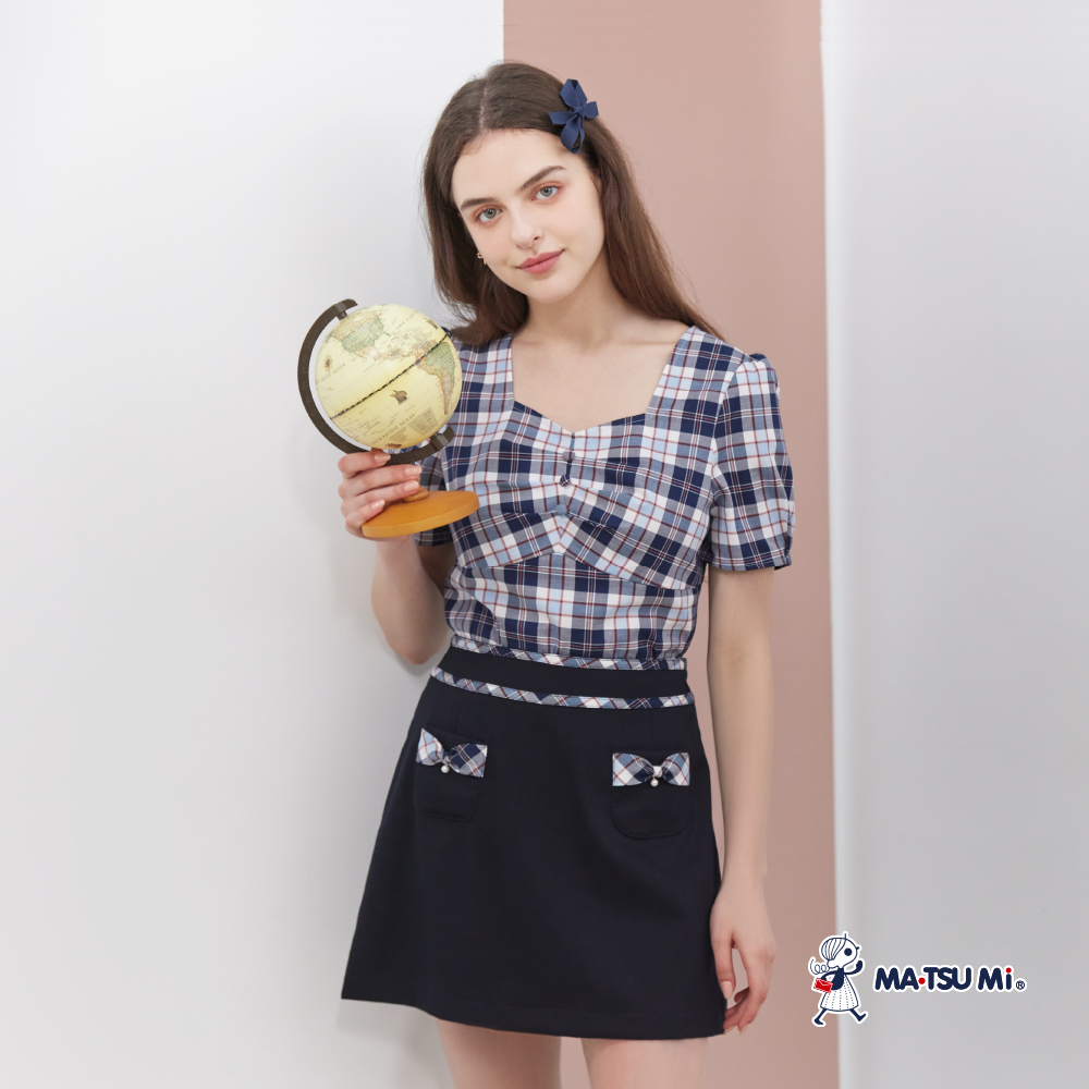 MA‧TSU Mi 學院風格紋蝴蝶結珍珠A字短裙(白.深藍)