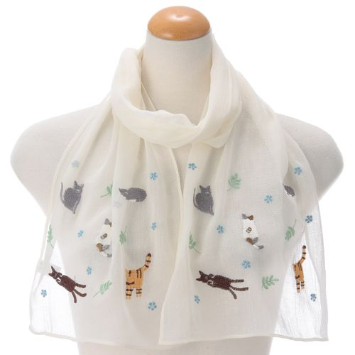 日本貓刺繡絲巾