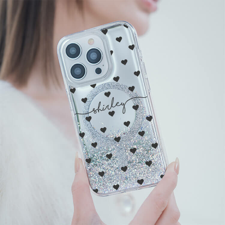 黑色愛心 (MagSafe磁吸) 閃耀鏡面殼 - (訂製名字) iPhone客製化手機殼