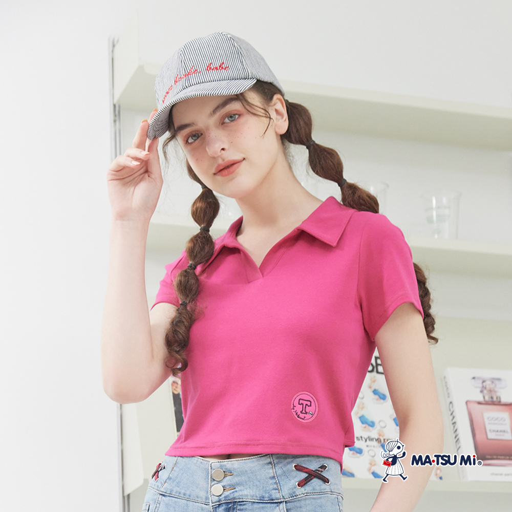 MA‧TSU Mi 短版後挖洞polo領上衣(桃紅.黑)
