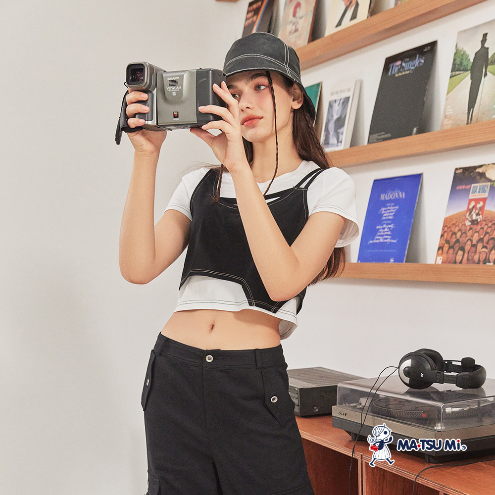MA‧TSU Mi 假兩件式不對感短版上衣(白.黑)