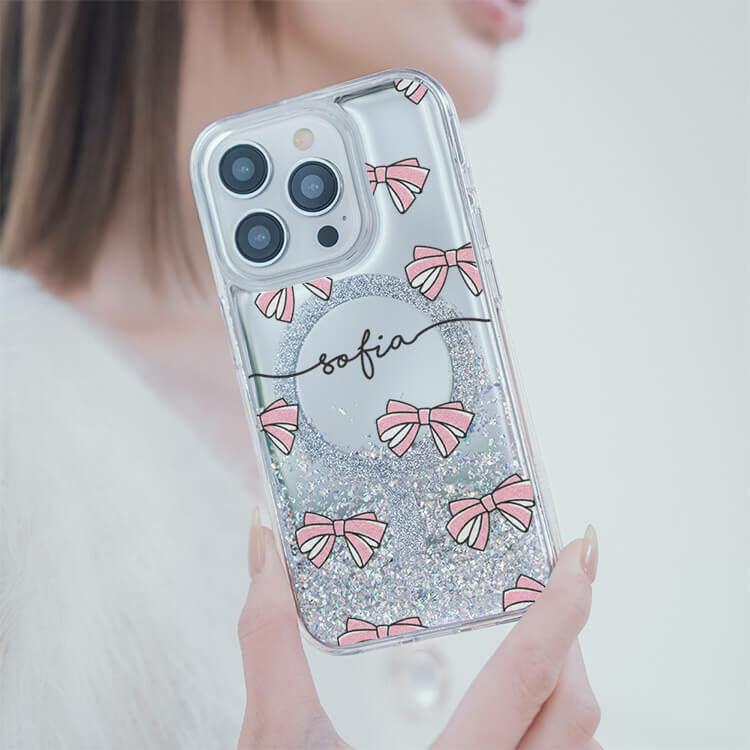 粉蝴蝶結 (MagSafe磁吸) 閃耀鏡面殼 - (訂製名字) iPhone客製化手機殼