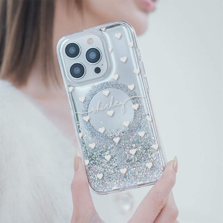 白色愛心 (MagSafe磁吸) 閃耀鏡面殼 - (訂製名字) iPhone客製化手機殼