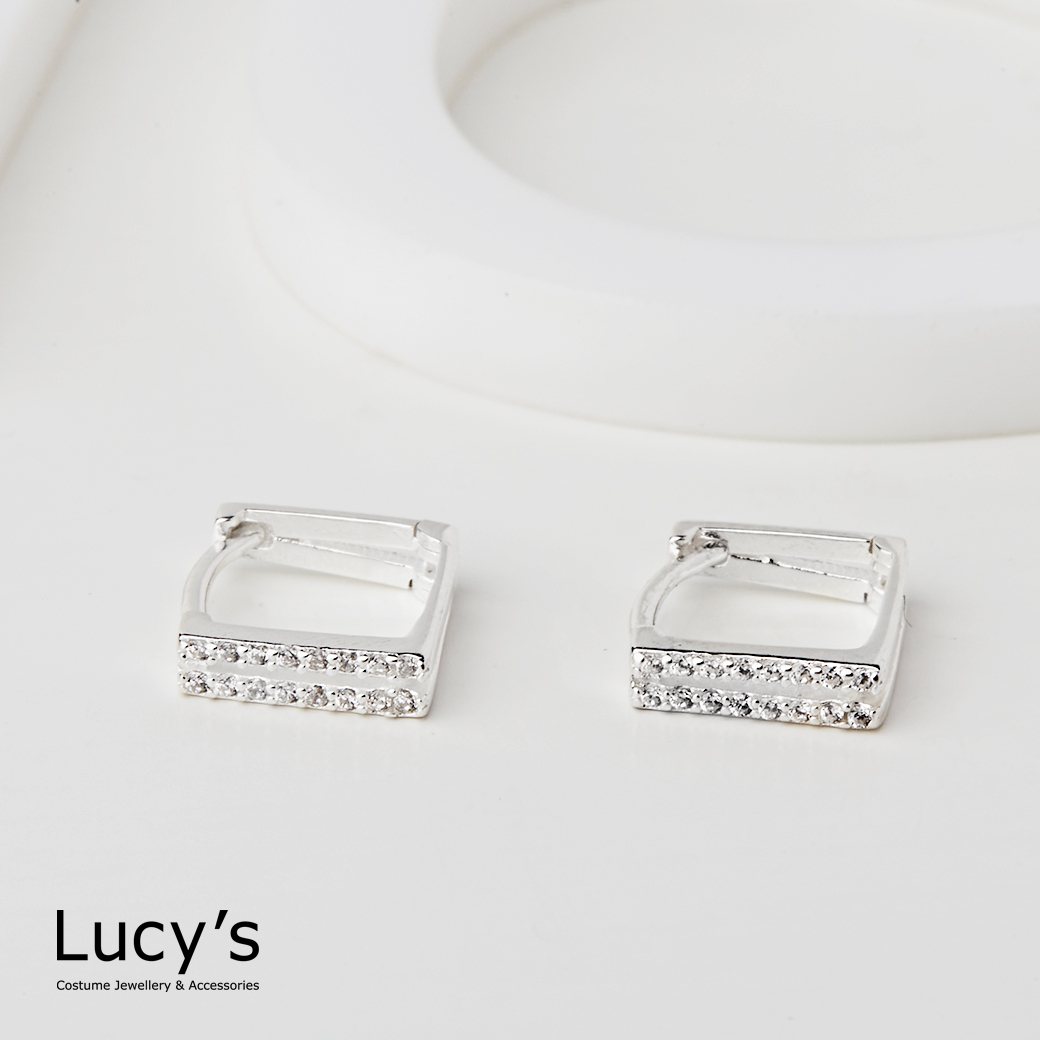 925純銀 方形鏤空鑲鑽 易扣耳環 (113372)