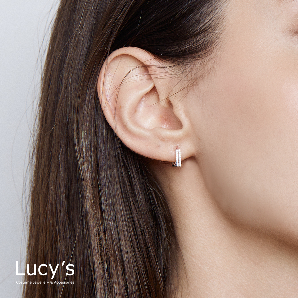 925純銀 方形鏤空鑲鑽 易扣耳環 (113372)