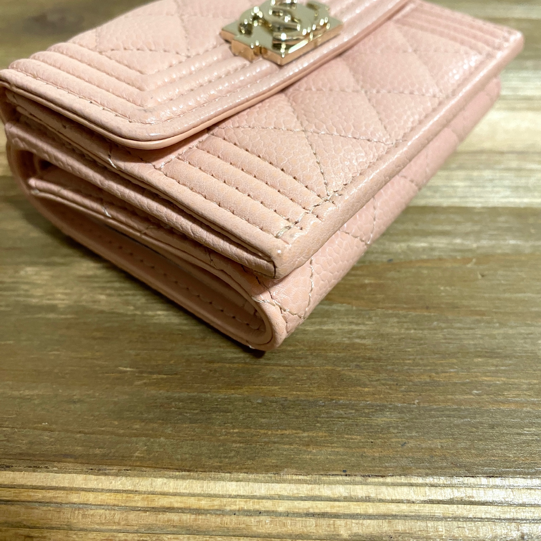 Pre owned Chanel boy short wallet lambskin pink gold
