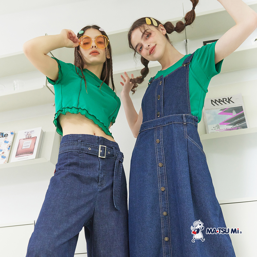 MA‧TSU Mi 腰帶設計反摺抽鬚丹寧寬褲(深藍)