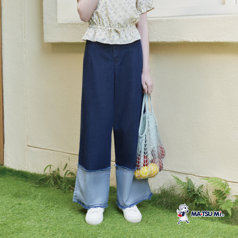 MA‧TSU Mi 腰帶設計反摺抽鬚丹寧寬褲(深藍)