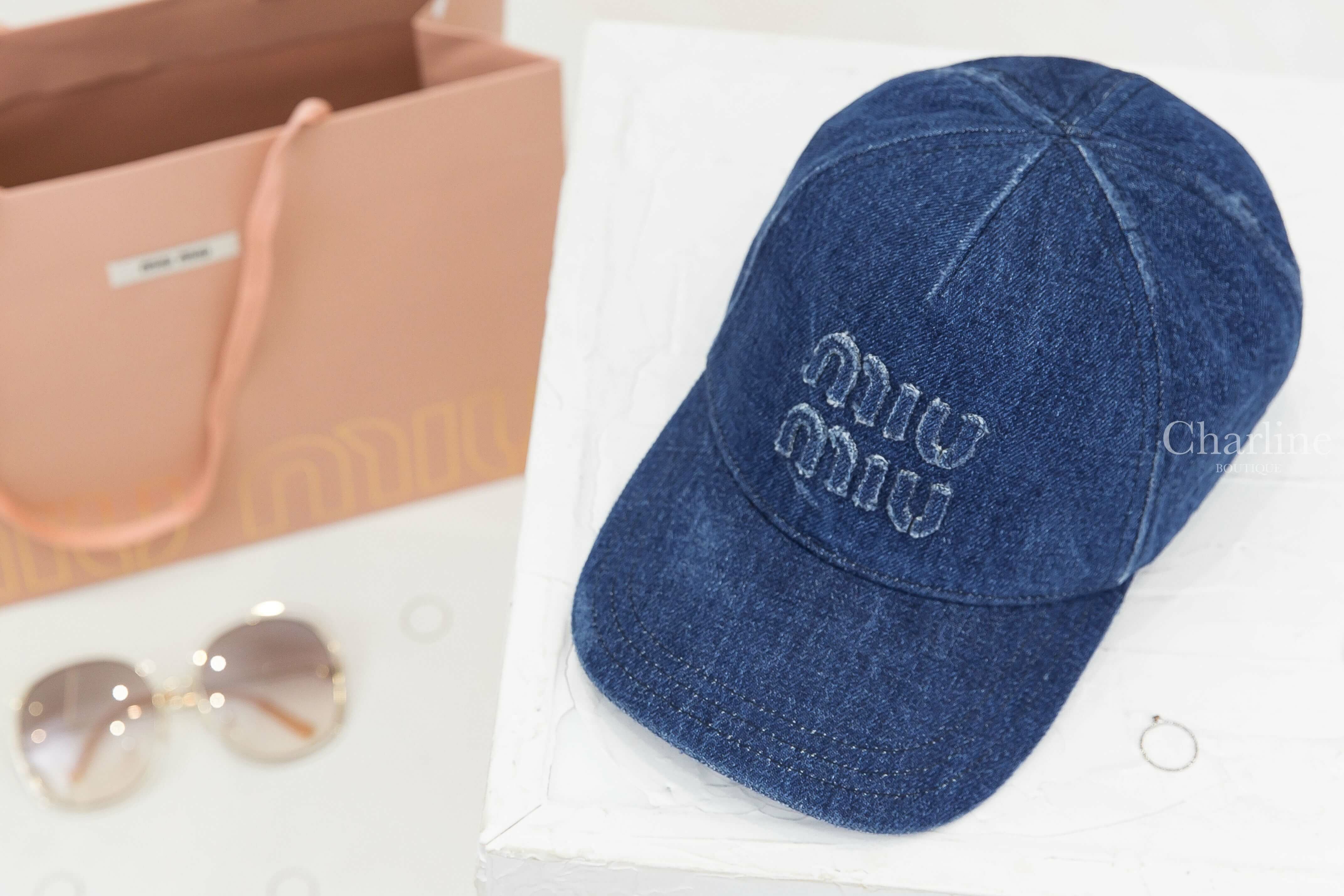 Miu Miu Denim Baseball Cap 海軍藍不修邊刺繡Logo丹寧布魔鬼氈棒球帽-Charline Boutique 精品代購