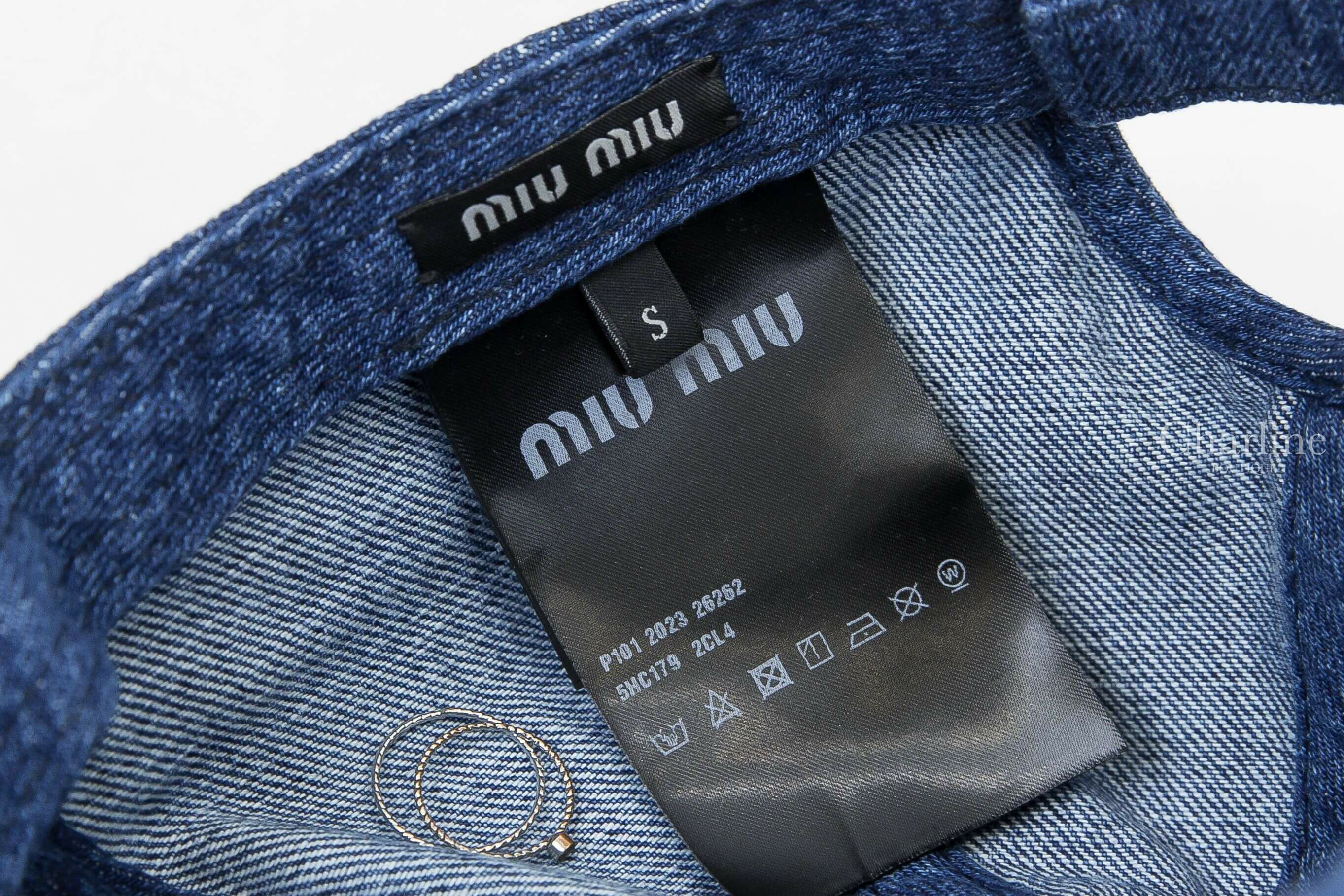Miu Miu Denim Baseball Cap 海軍藍不修邊刺繡Logo丹寧布魔鬼氈棒球帽-Charline Boutique 精品代購