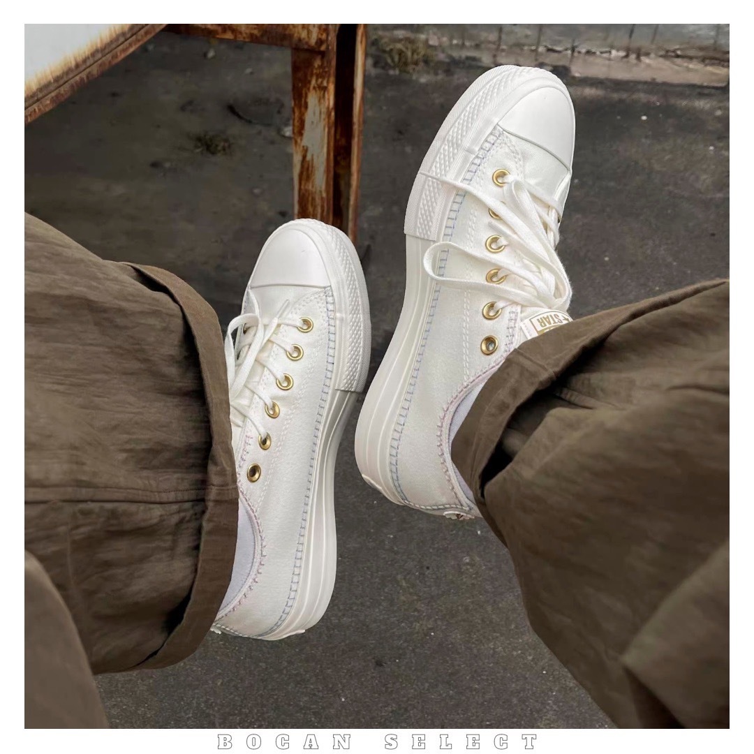 CONVERSE 米白 粉藍車縫 拼接 花花（A08732C）