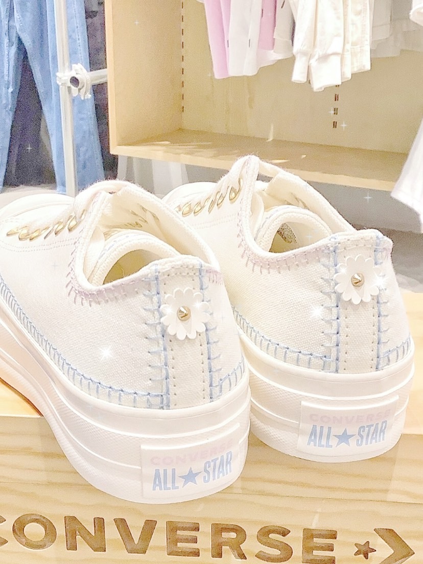 CONVERSE 米白 粉藍車縫 拼接 花花（A08732C）