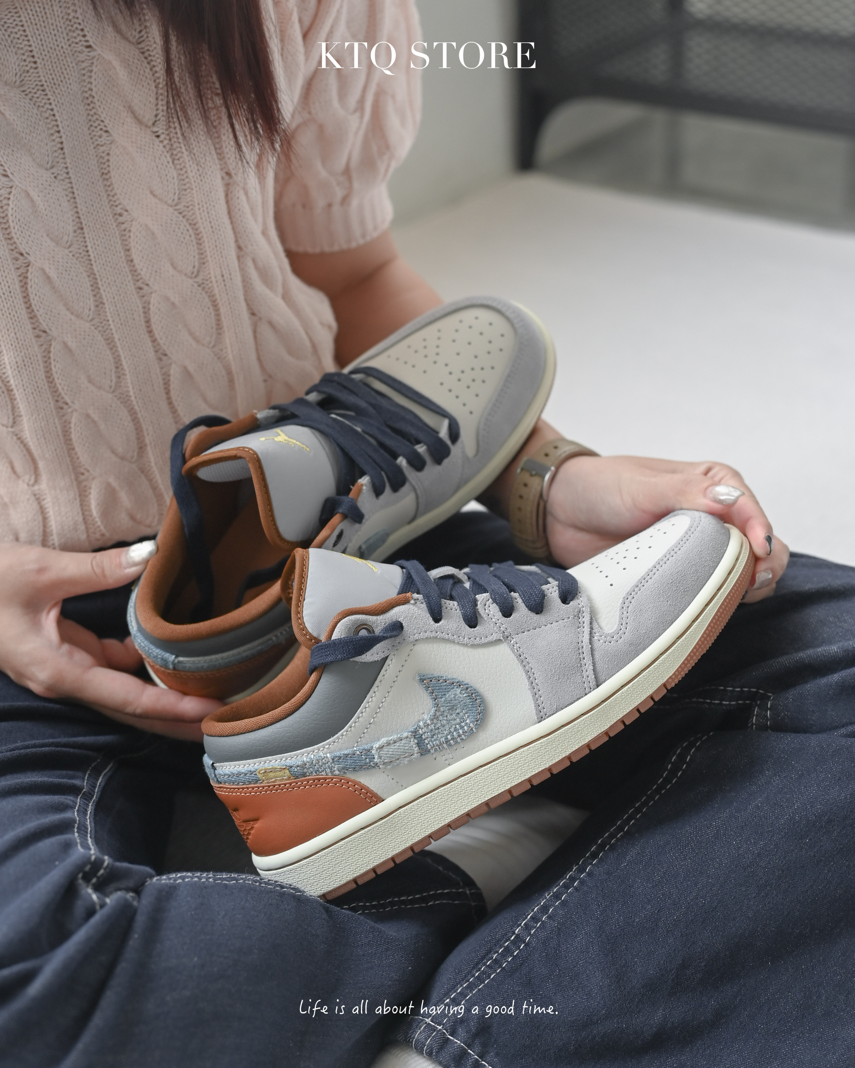 KTQ STORE ‧Air Jordan 1 Low SE Phantom 男 FZ5042-041 單寧 牛仔拼色 情人節