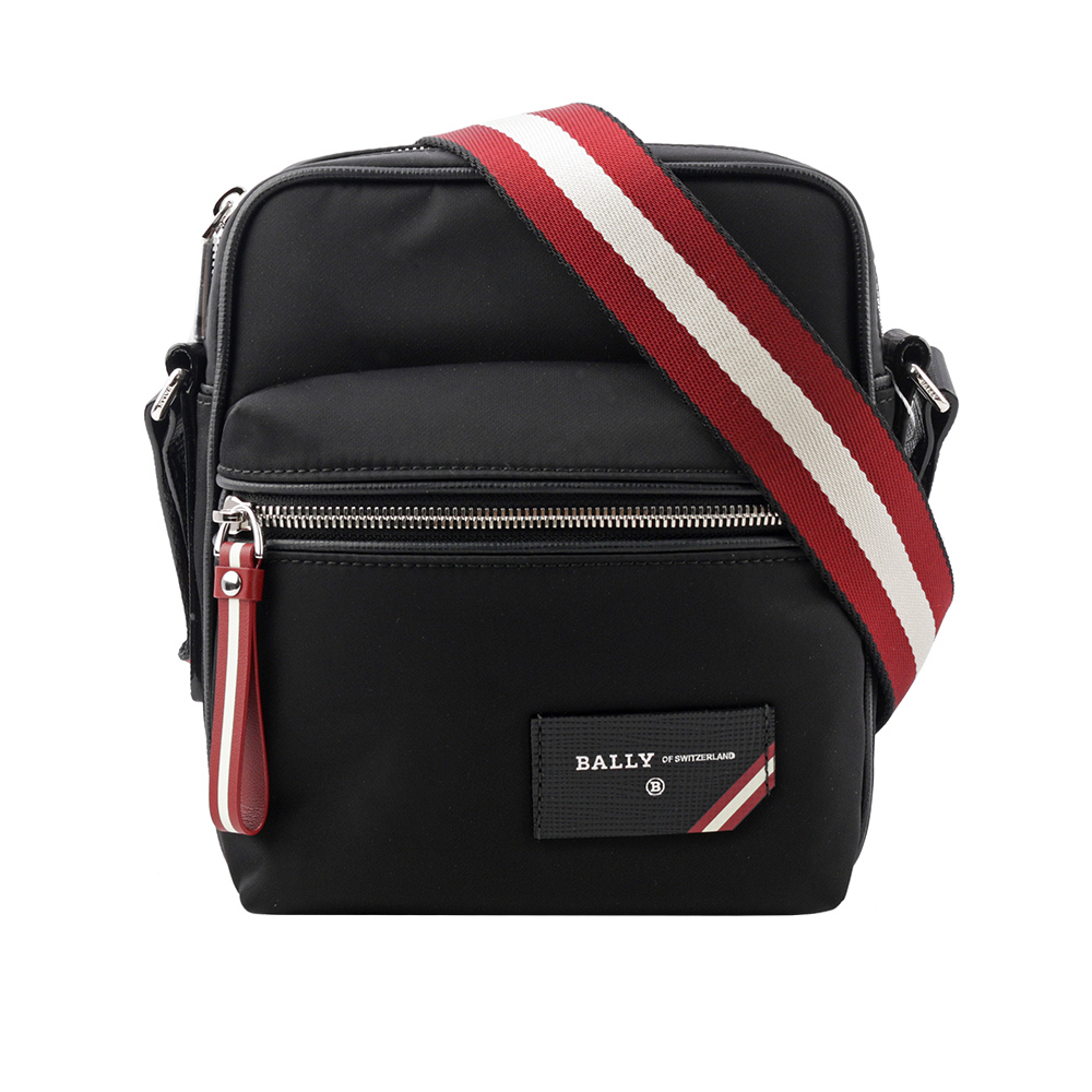 【BALLY】Explore 紅白條紋牛皮及尼龍拉鍊斜背包(黑色) 6228740