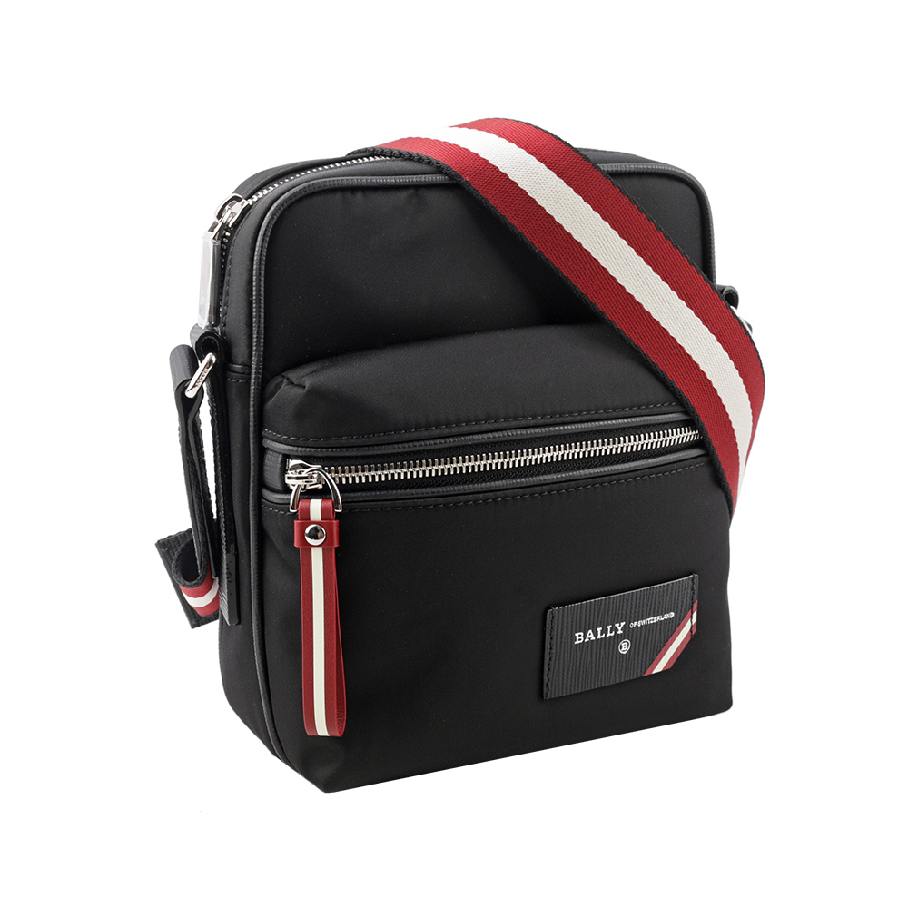【BALLY】Explore 紅白條紋牛皮及尼龍拉鍊斜背包(黑色) 6228740