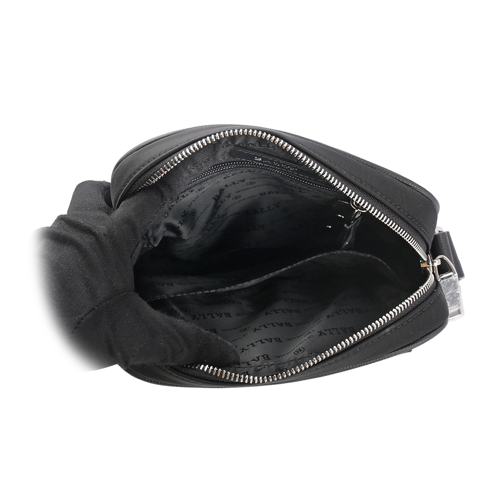 【BALLY】Explore 紅白條紋牛皮及尼龍拉鍊斜背包(黑色) 6228740