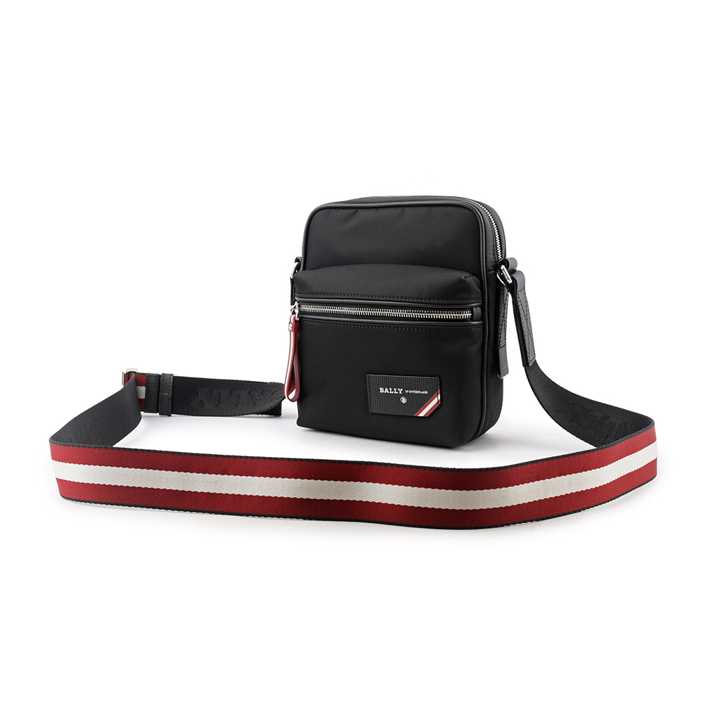 【BALLY】Explore 紅白條紋牛皮及尼龍拉鍊斜背包(黑色) 6228740
