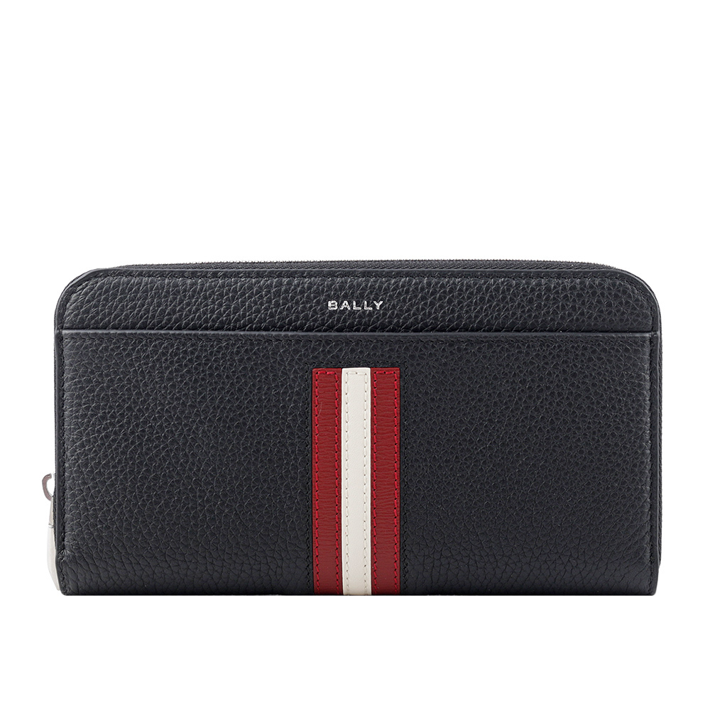 【BALLY】Ribbon 紅白條紋牛皮ㄇ形拉鍊長夾(黑色) 6306561